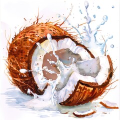 Poster - Fresh Coconut Milk Splash. Hand-Drawn Watercolor Illustration of Exotic Tropical Fruit on White Background