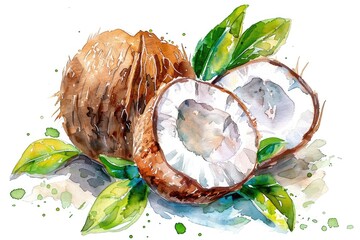 Poster - Fresh Coconut. Watercolor Hand Drawn Illustration of Exotic Fruit on White Background