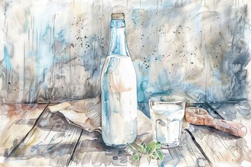 Poster - Hand-drawn Watercolor Illustration of Organic Dairy Milk in Rustic Bottle and Glass, Fresh and Healthy Breakfast Concept