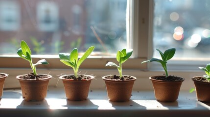 Wall Mural - Close up of young garden flower seedlings on a windowsill