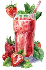 Poster - Juicy Wild Strawberry Juice in Glass with Fresh Berries and Green Leaf. Watercolor Hand-drawn Illustration on White Background