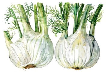 Sticker - Organic Fennel Bulbs. Watercolor Hand Drawn Illustration of Fresh Herb Isolated on White Background