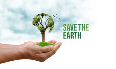 Wall Mural - Save our planet. Earth day 3d concept background. Ecology concept. Design with 3d globe map drawing and leaves isolated on white background.