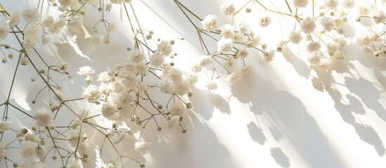 Sticker - Close-up of white baby's breath flowers on a white background with sunlight shadows and copy space.