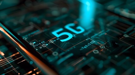 A close up of a circuit board with the word 5G written on it. Concept of technology and innovation, as 5G is a new and advanced wireless communication standard