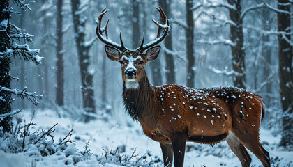 Wall Mural - Cerf majestueux sous la neige en forêt