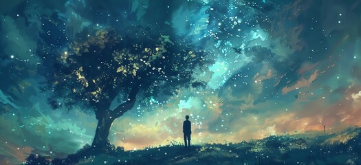 a man standing under a tree in the middle of a field under a night sky filled with stars