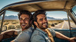 © Budi - Two Man as Friends Enjoying a Road Trip in Classic Car Driving Through Scenic Desert Landscape.