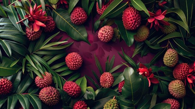 Sweet lychee fruits surrounded by lush foliage, showcased against a deep maroon backdrop, highlighting their exotic allure