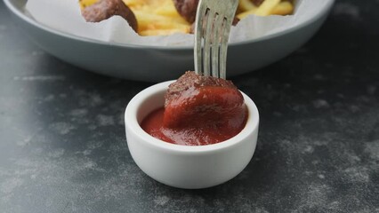 Wall Mural - Dipping Beef meatball in ketchup. Fast food