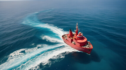 Wall Mural - Red boat or ship on the sea in calm Summer copy space