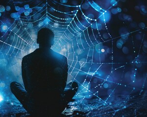 Wall Mural - A man is sitting in the middle of a web of blue and white