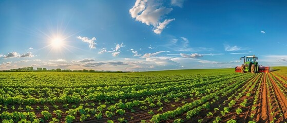 Tractors plowing expansive fields of green crops on a sprawling farm, under a clear blue sky, wideangle shot