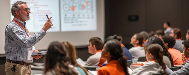 professor giving a lecture in a university classroom with students attentively taking notes and enga