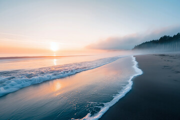 A peaceful sunrise casts a warm glow over the gentle waves and misty shoreline, creating a serene start to the day.