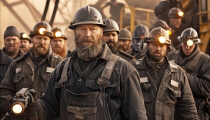 Group of coal miners with lamp on hard hat in the mine