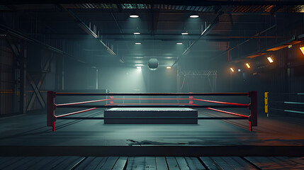 Wall Mural - An empty boxing ring is illuminated by overhead lights in a dimly lit, industrial-style gym. Shadows cast across the floor, creating a dramatic and intense atmosphere.