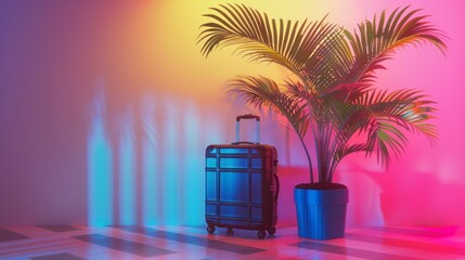 travel suitcase next to a palm tree in a neon room