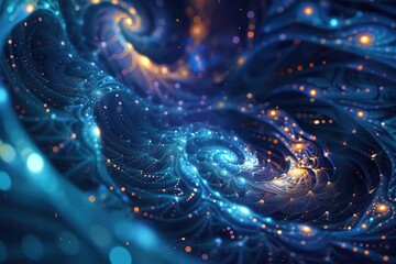 Wall Mural - abstract digital artwork featuring swirling blue fractals and luminescent particles depth and moveme