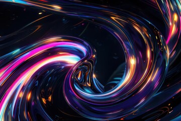 Wall Mural - abstract digital artwork swirling tendrils of neon light against a deep black void creating hypnotic