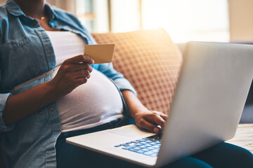 Sticker - Pregnant woman, laptop and sofa with credit card for online shopping, payment or banking at home. Hands of female person on maternity or pregnancy with debit on computer for ecommerce or purchase