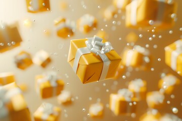 Wall Mural - A bunch of yellow boxes with white bows are flying through the air. The boxes are all different sizes and are scattered throughout the scene. Concept of excitement and joy