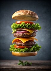 Wall Mural - Burger with flying elements. Delicious burger with flying ingredients on a gray grunge background.