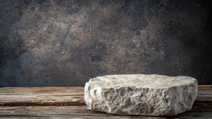 Wall Mural - Natural stone textured round slab on wooden surface with dark backdrop