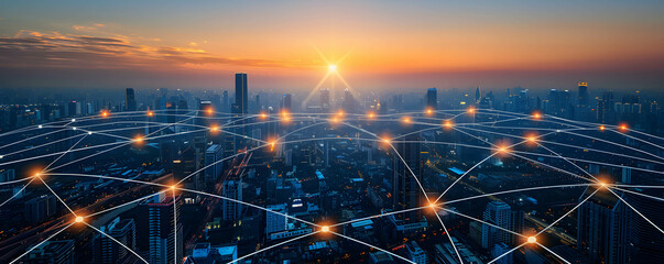 Smart technology city and digital network infrastructure concept, connecting data and information, using cloud and internet system, network grid lines connecting with a cityscape