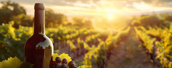 Wall Mural - Wine bottle standing in a vineyard, used for advertising and banner