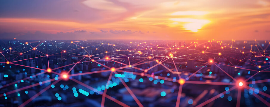 Smart technology city and digital network infrastructure concept, connecting data and information, using cloud and internet system, network grid lines connecting with a cityscape