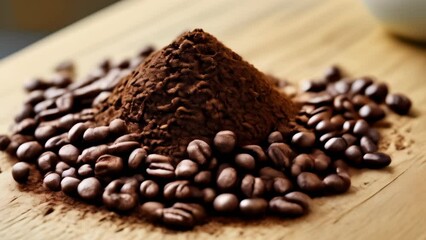 Poster -  Coffee beans and ground coffee on a wooden surface