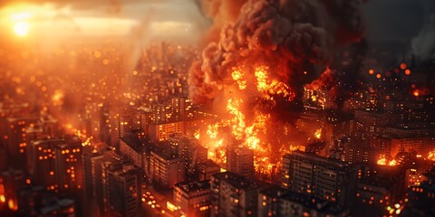 Wall Mural - A city is on fire with a bright orange sun in the background. The fire is spreading quickly and the sky is filled with smoke. Scene is chaotic and dangerous