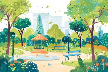 Wall Mural - A park with a fountain and benches. The fountain is surrounded by trees and there are birds in the park