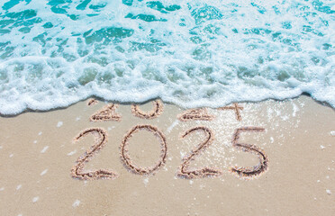Wall Mural - message year 2024 replaced by 2025 text written on beach sand background. good bye 2024 hello to 202