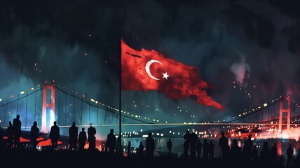 Wall Mural - Watercolor illustration for Democracy and National Unity Day in Turkey with bridge and people. 