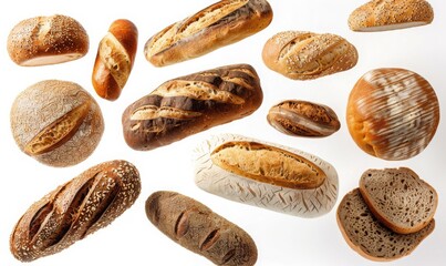 Wall Mural - Different types of bread such as baguette, ciabatta, and sourdough floating in mid-air with a white background