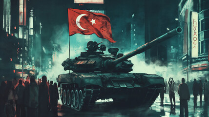Wall Mural - Watercolor illustration for Democracy and National Unity Day with tank on the street. 