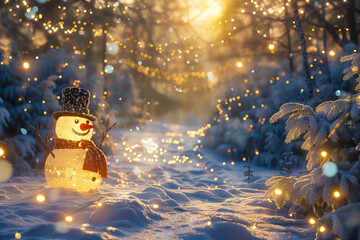 Snowy winter landscape with lit snowman