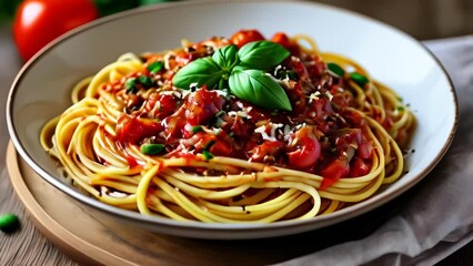 Canvas Print -  Delicious Spaghetti with Tomato Sauce and Basil