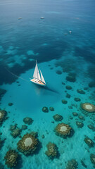 Wall Mural - aerial view Small sailboat blue ocean summer day tropical transparent water coral reef