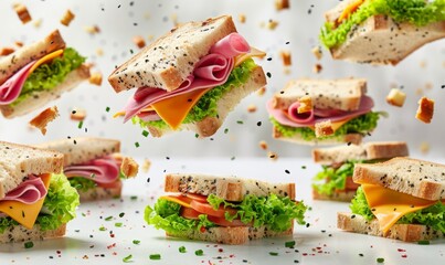 Wall Mural - A selection of sandwiches with different fillings like ham, cheese, and lettuce flying in mid-air with a white background