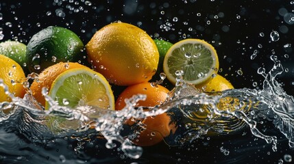 Wall Mural - Fresh Citrus Fruits Splashing in Water - Generative AI