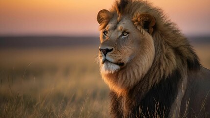 Canvas Print - AI generated illustration of a majestic male lion with a lush mane gazing into the distance