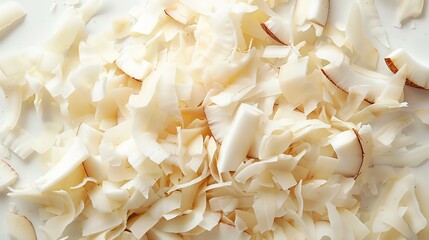 Close-up of fresh, shredded coconut pieces with a natural texture. Perfect for adding a tropical touch to culinary creations.