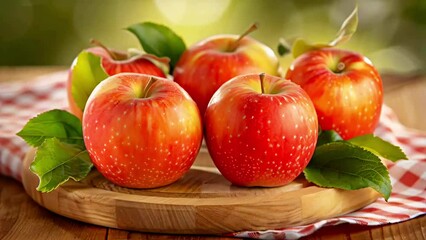 Wall Mural - fresh apples are sitting on a wooden cutting board. Concept of freshness and natural beauty,