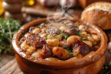 Wall Mural - A bowl of beans and sausage with steam rising from it