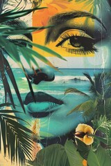 Wall Mural - A woman is standing on a beach with a flamingo in her hand. The image has a tropical vibe and is full of bright colors