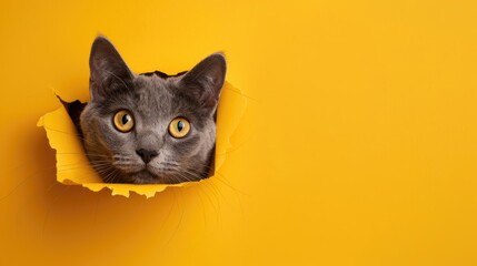 Wall Mural - Gray cat sneaks through hole in yellow paper against yellow background with copy space