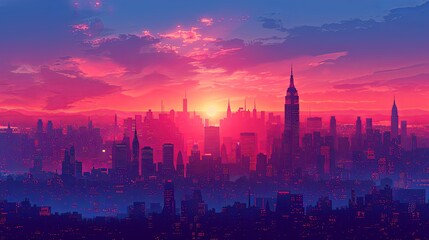 Wall Mural - Cityscape with silhouettes of tall skyscrapers and office buildings. Panoramic landscape of the metropolis. Silhouettes of a modern city. Business district of the city. Vector illustration